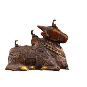 Pure Brass Nandi Statue | 8" x 11" x 6" | 5.5 kg | Vintage Bronze Tone | Three Shiv Lings | Traditional Hindu Temple Bull Sculpture | Sacred Art | Jaipurio